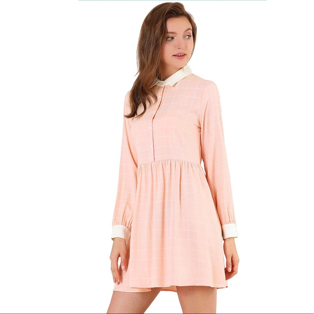 Allegra K Peach Grid Long-Sleeve Collared Dress - moonlight kingdom costume